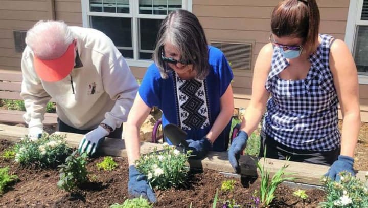 Willowbrook Place Memory Care in Littleton Colorado planting with residents