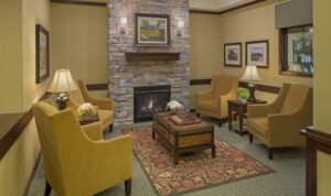 Lobby seating area by fireplace