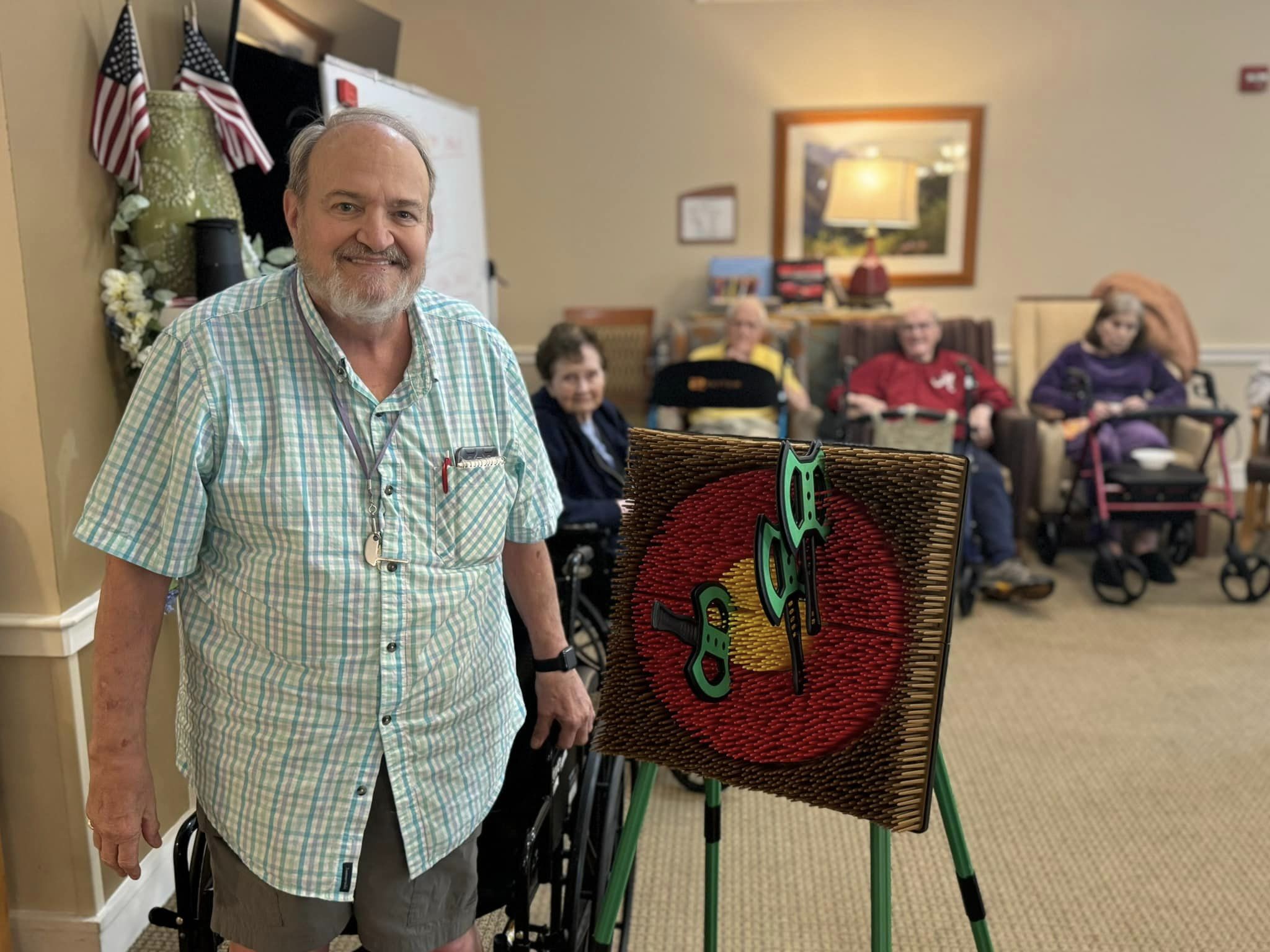 residents throwing plastic axes at the bullseye